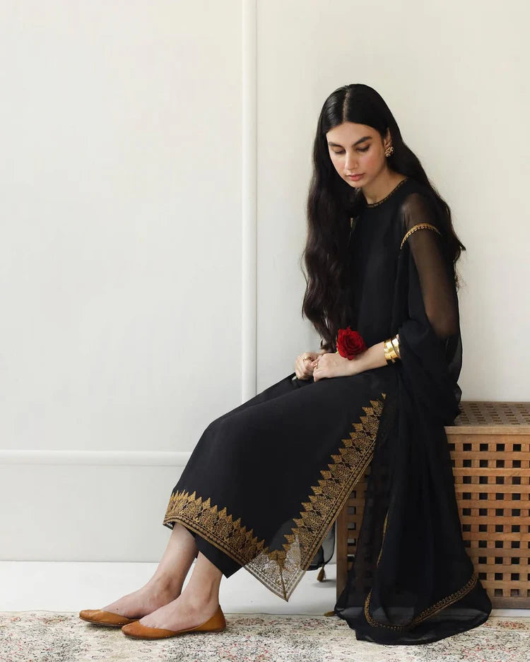 Black Rose Full Sleeves Stitched Dress