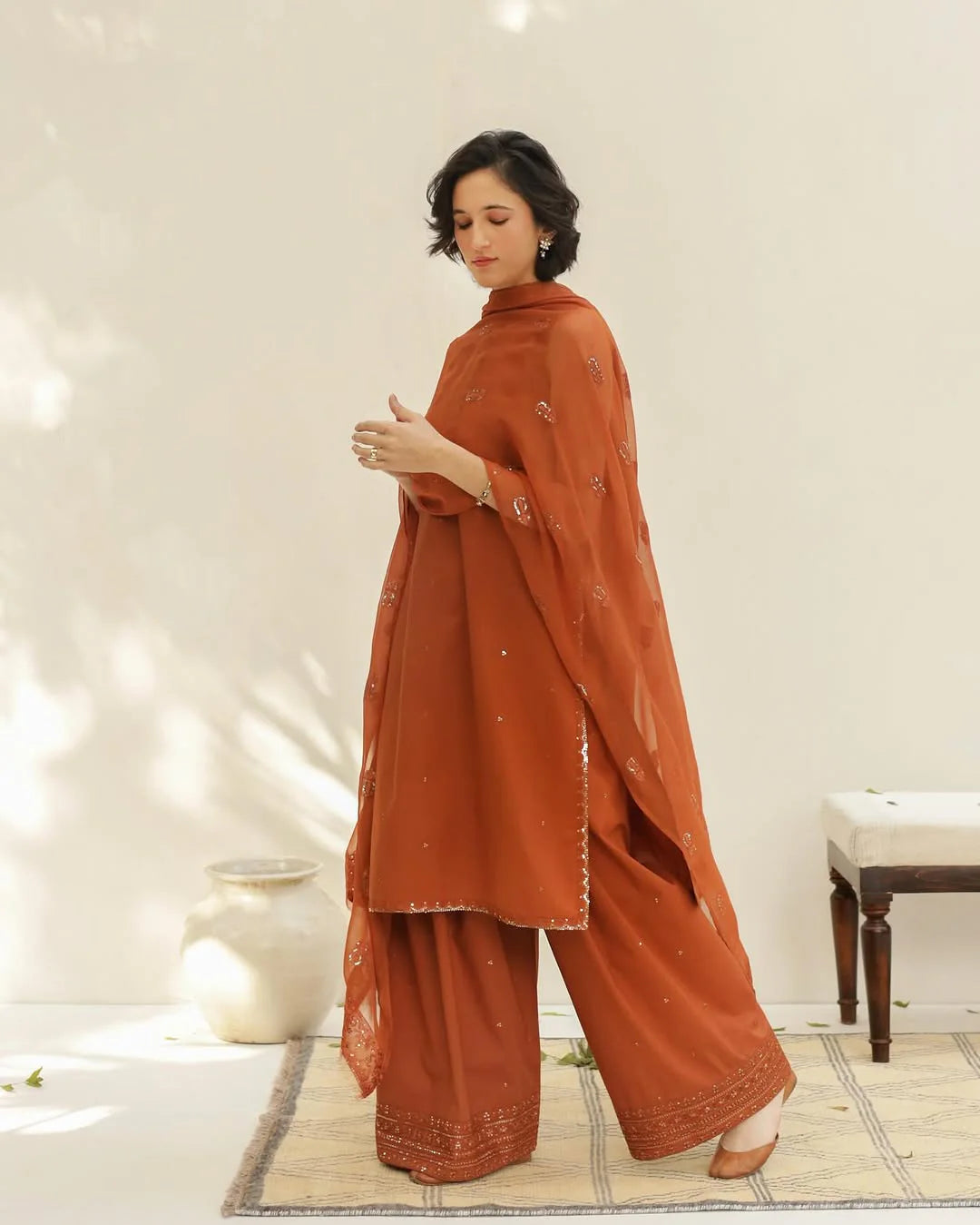 Rust 🍁Full Sleeve's Lawn Stitched 🪡 Dress