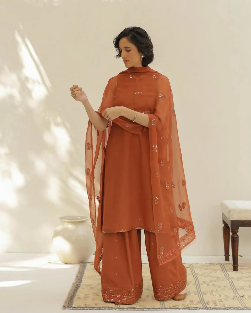 Rust 🍁Full Sleeve's Lawn Stitched 🪡 Dress