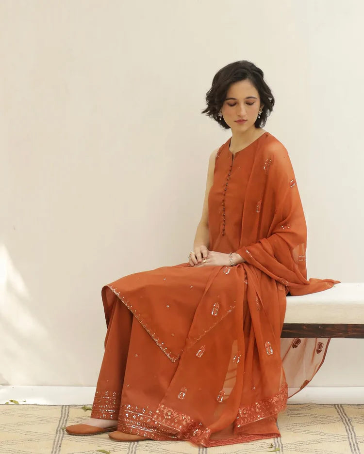 Rust 🍁Full Sleeve's Lawn Stitched 🪡 Dress